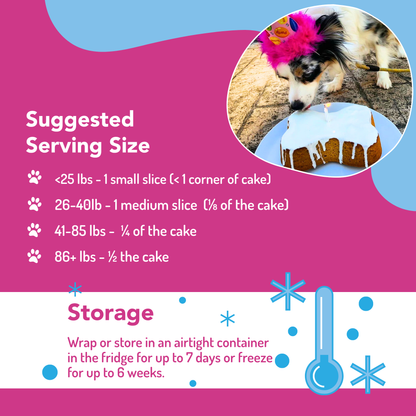Dog cake serving size chart with a dog eating a cake on a pink background