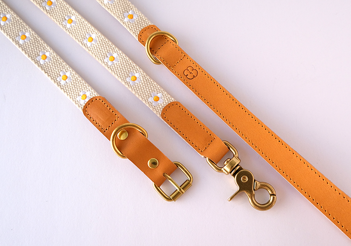 Handcrafted Brown Leather Dog Leash with Embroidered Daisy Detail