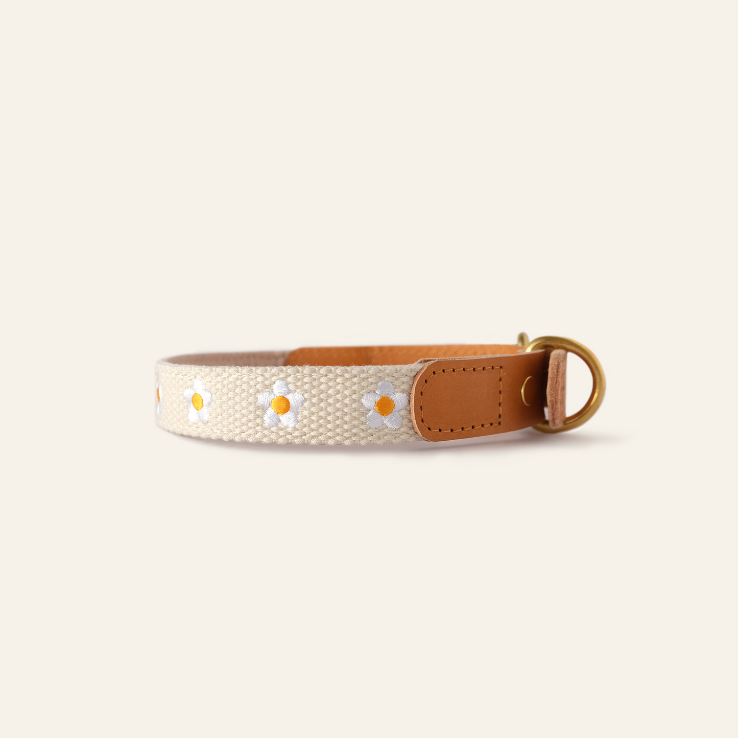 Handcrafted Brown Leather Dog Collar with Delicate Daisy Embroidery