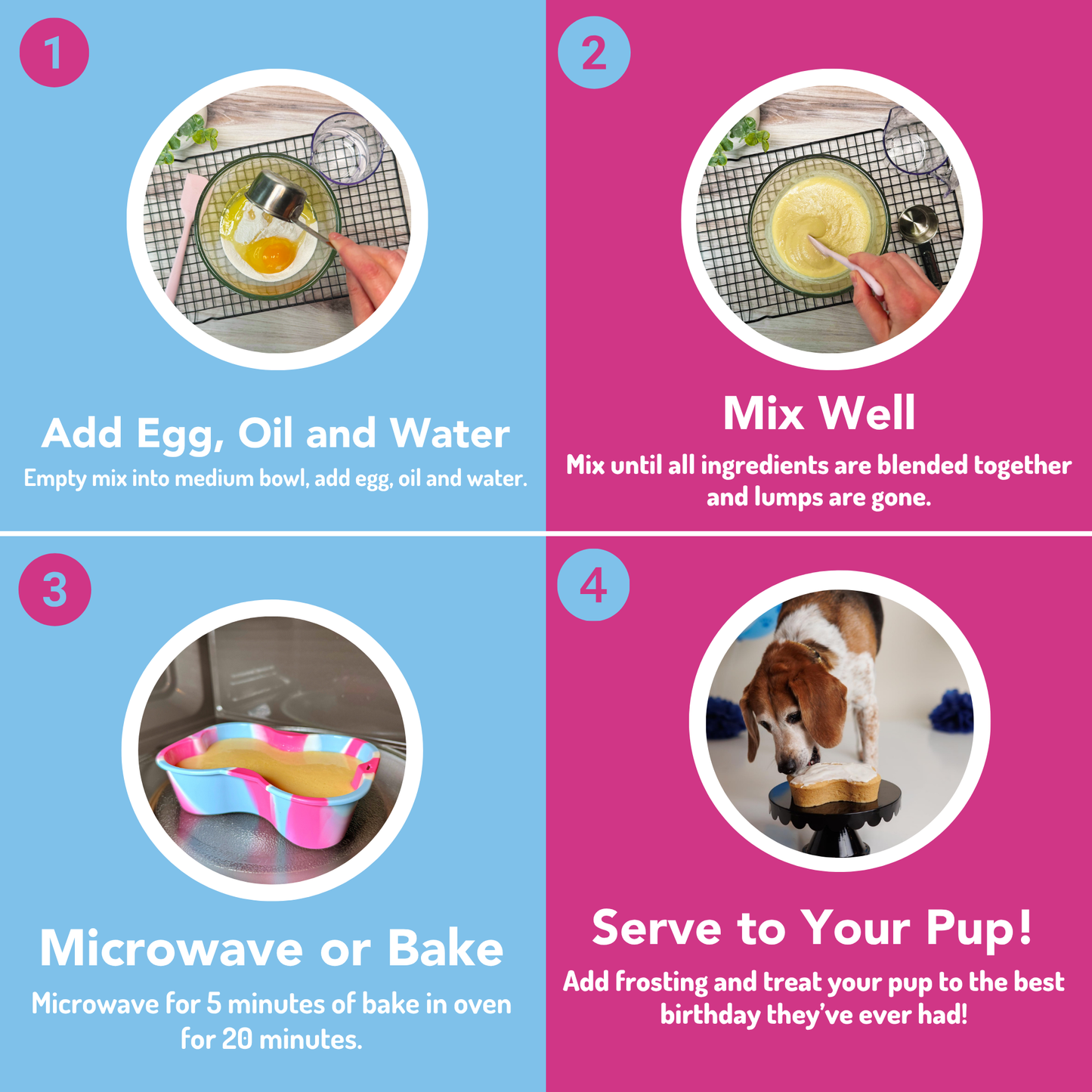 Step-by-step instructions for making a treat for a dog, including adding ingredients, mixing, and baking.