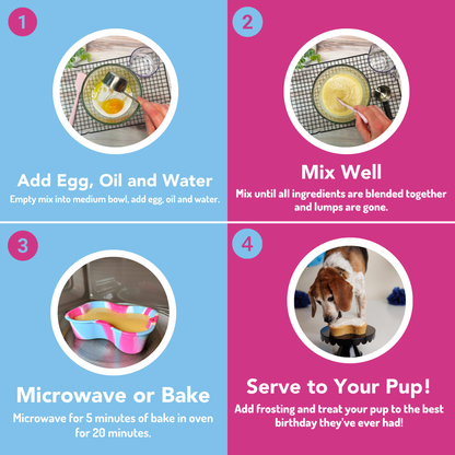Step-by-step instructions for making a treat for a dog, including adding ingredients, mixing, and baking.