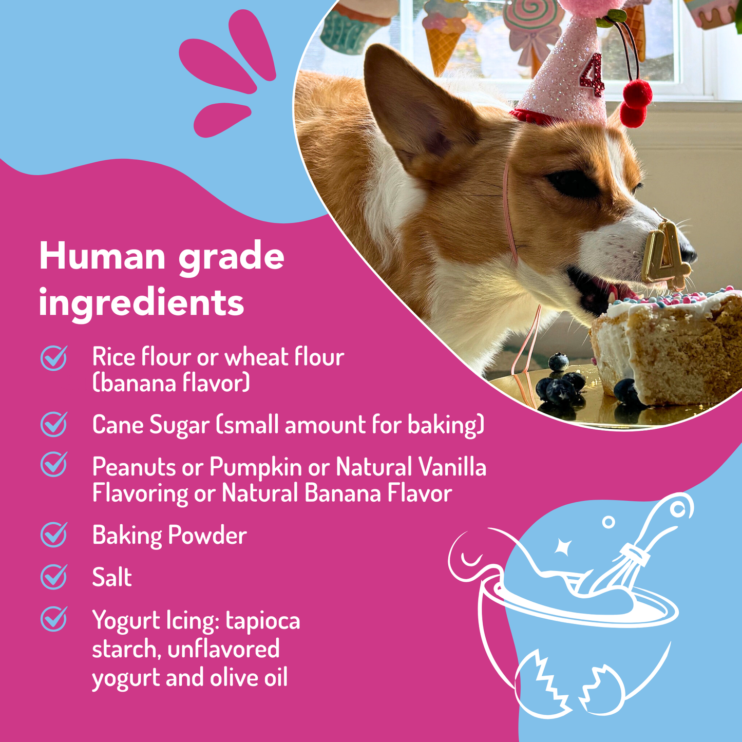 Dog celebrating a birthday with a cake, surrounded by human-grade ingredients list 