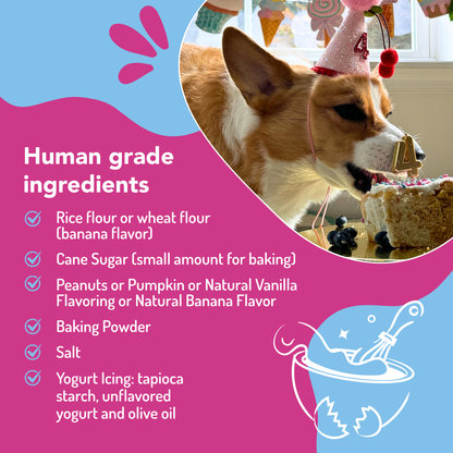 Dog celebrating a birthday with a cake, surrounded by human-grade ingredients list 
