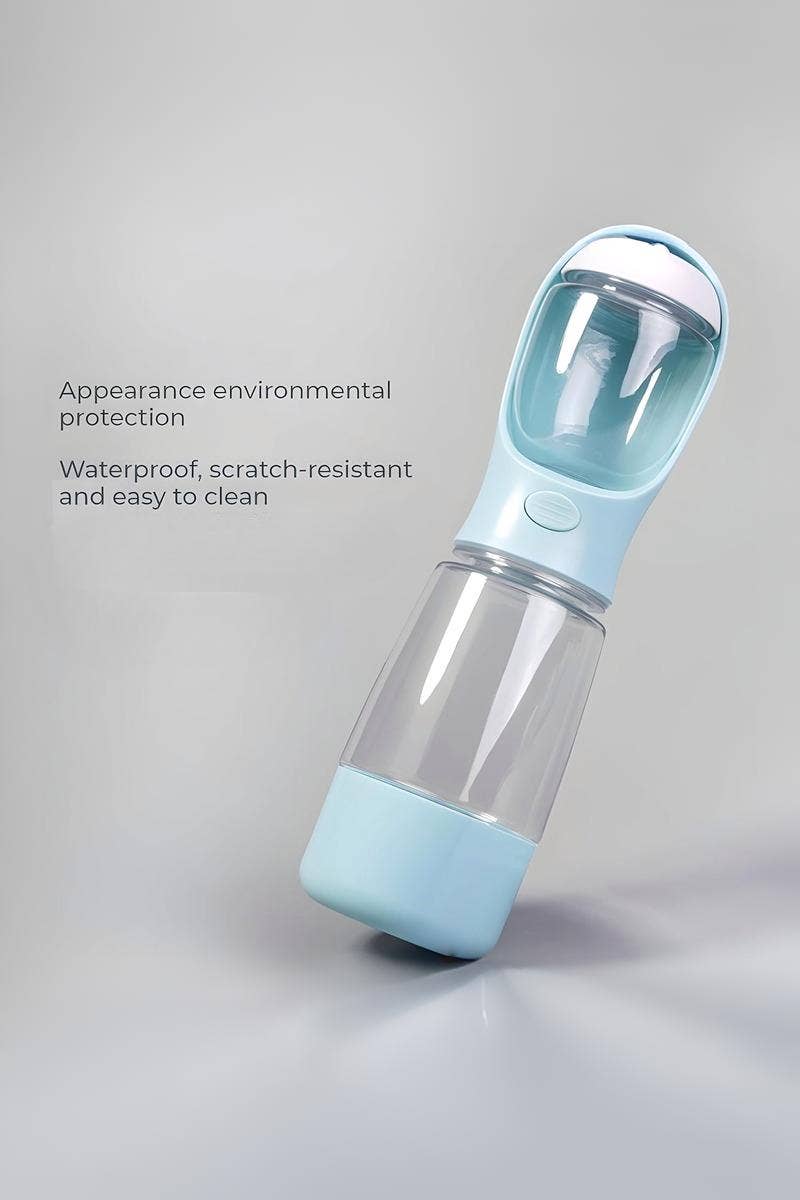 Clear and light blue water bottle with text on environmental protection