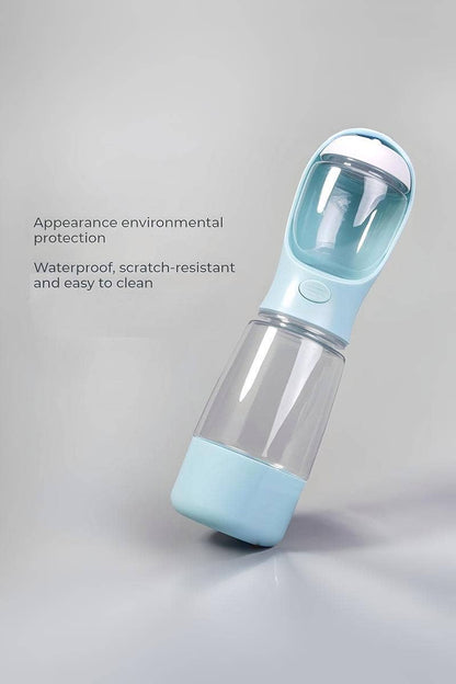 Clear and light blue water bottle with text on environmental protection