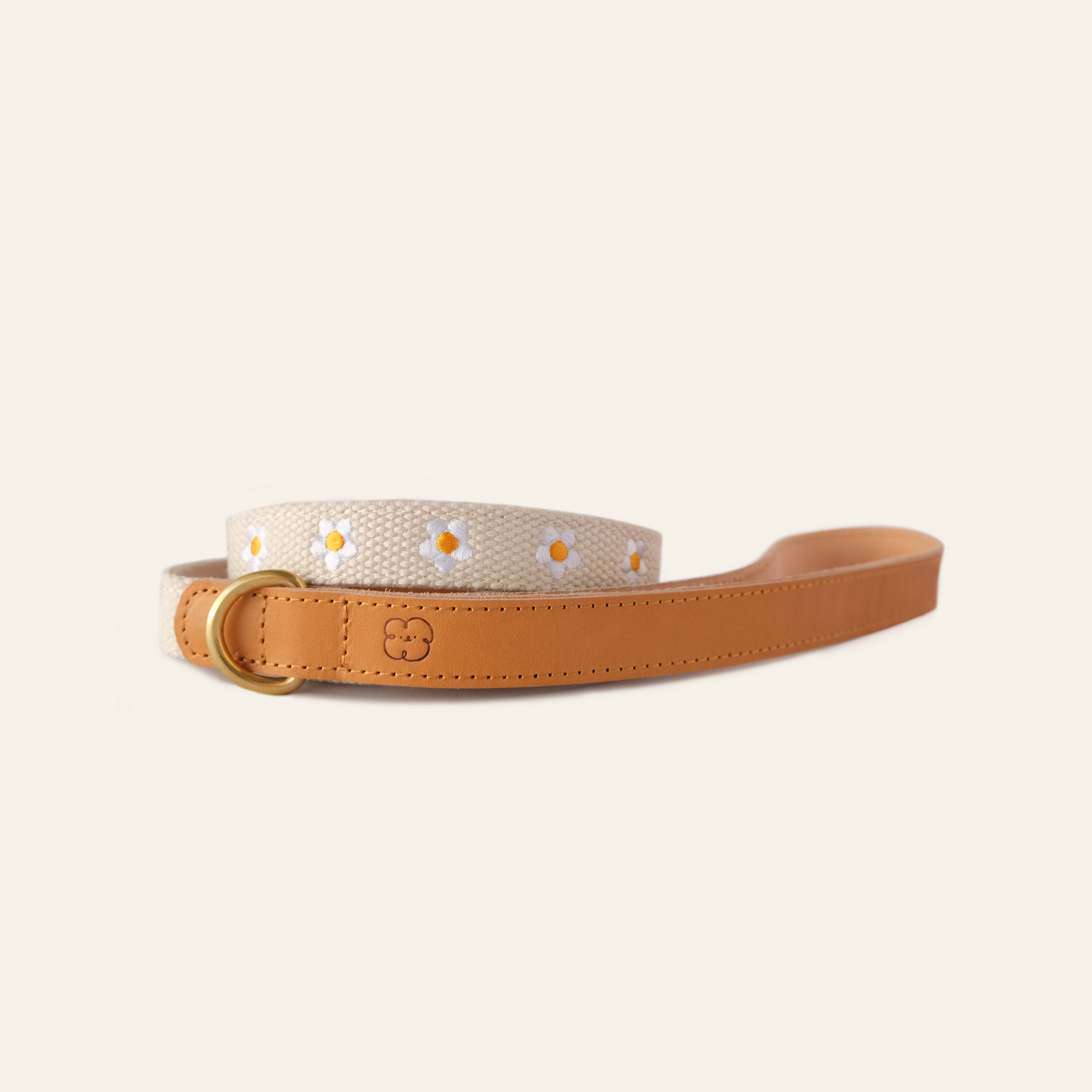 Handcrafted Brown Leather Dog Leash with Embroidered Daisy Detail